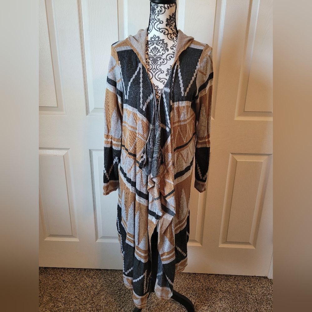 One World 1X Aztec boho long open face hooded cardigan